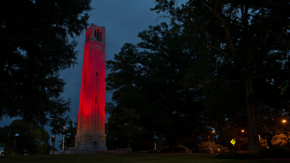 The red belltower looms over the NC State campus.