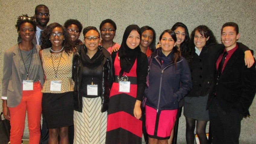 NC State's delegation to ABRCMS of Seattle includes presentation winners Ravyn Njagu (back row, second from left); Kyle Virgil (far right); Ebony Leon (front, third from left) and Rahma Hida, (front, fourth from left).