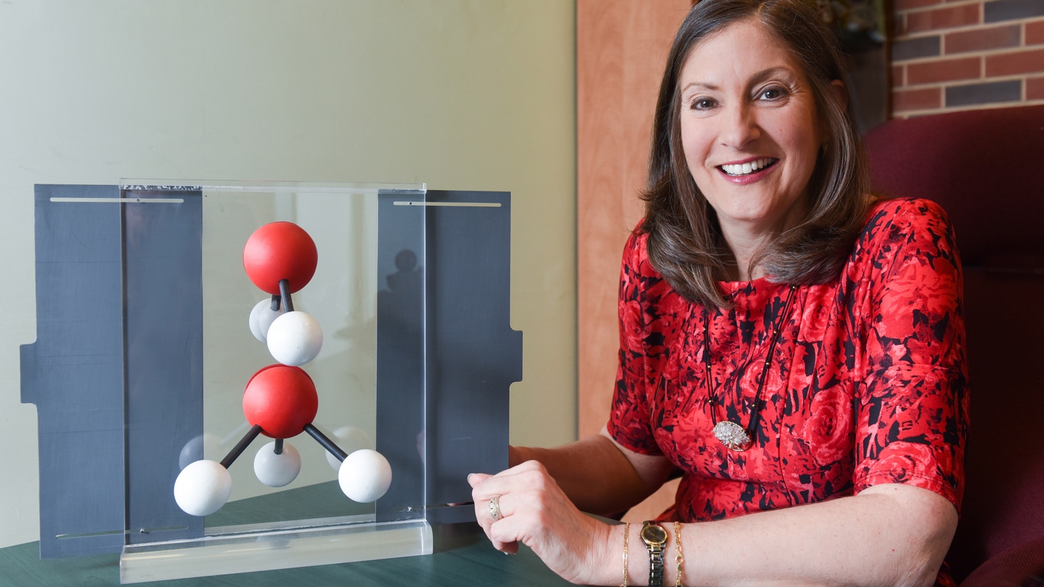Maria Oliver-Hoyo at a desk with a molecular model