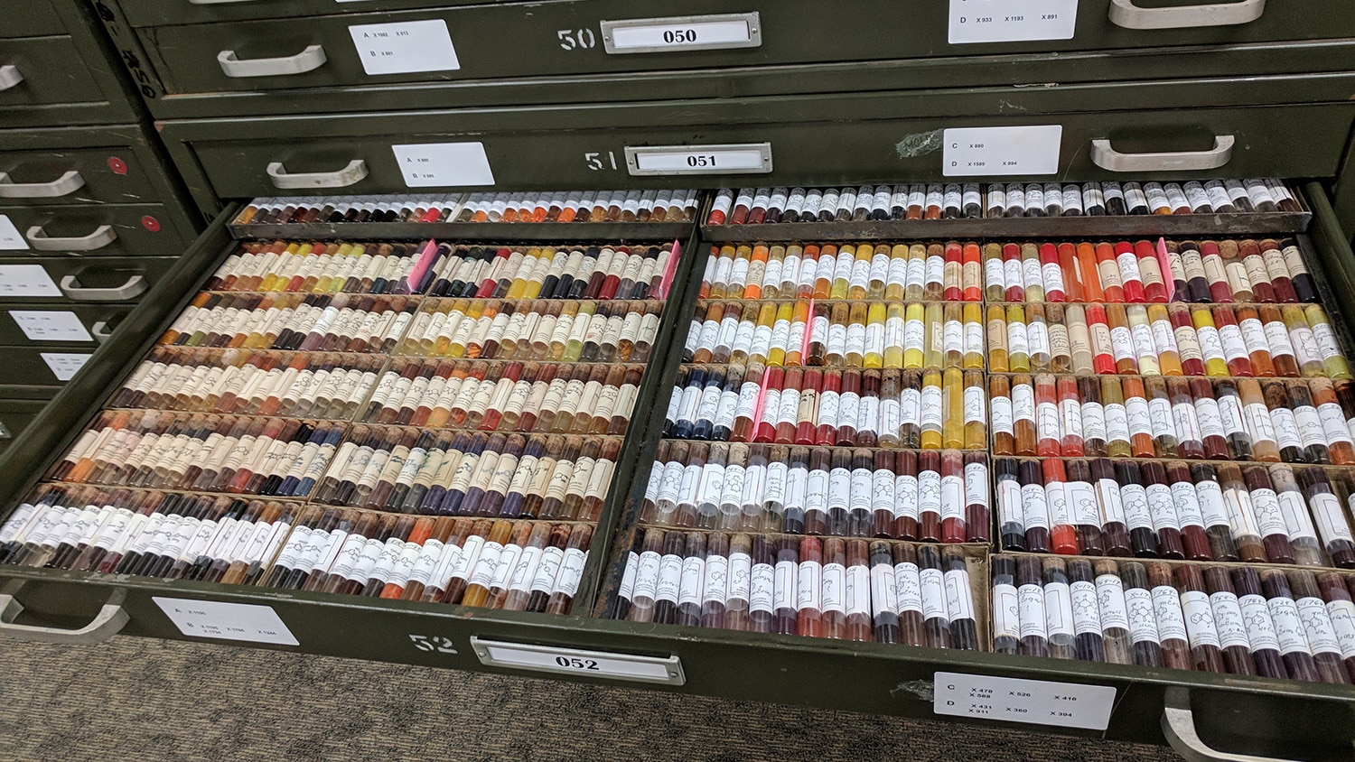 A drawer of dye samples in NC State's Max Weaver Dye Library