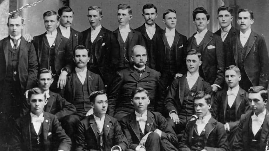 First graduating class from NC State in 1893. Frank T. Meacham, fourth from left, back row, entered the university's then new graduate program immediately after graduating earned the first master's degree in 1894.