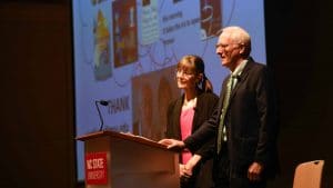 Michele and Robert-Root Bernstein on stage at their State of the Sciences lecture