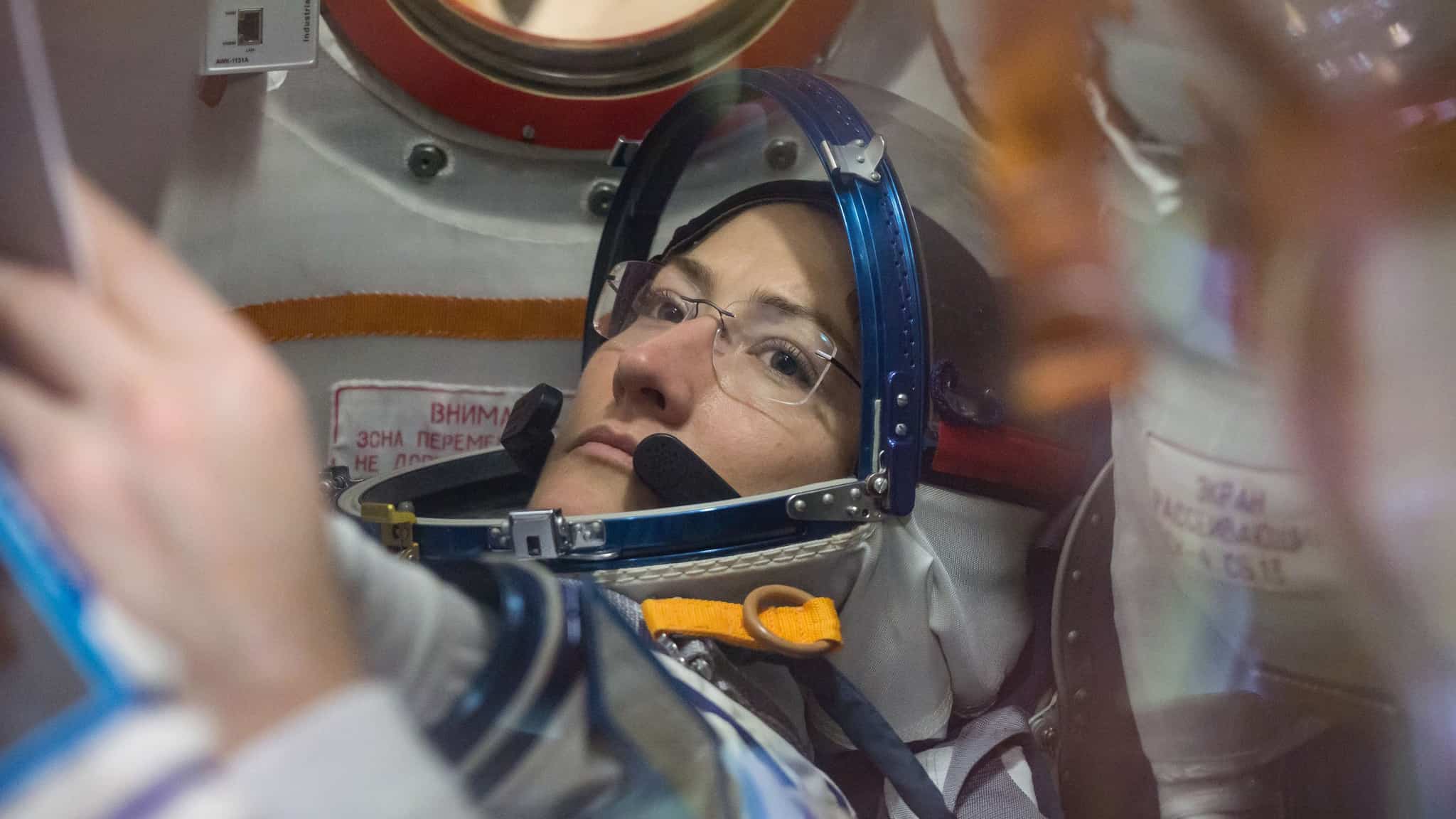 Christina Koch in astronaut gear during training for her space launch