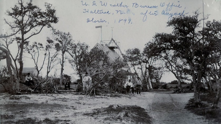 A historical photograph of the Hatteras Weather Bureau after a 1899 hurricane