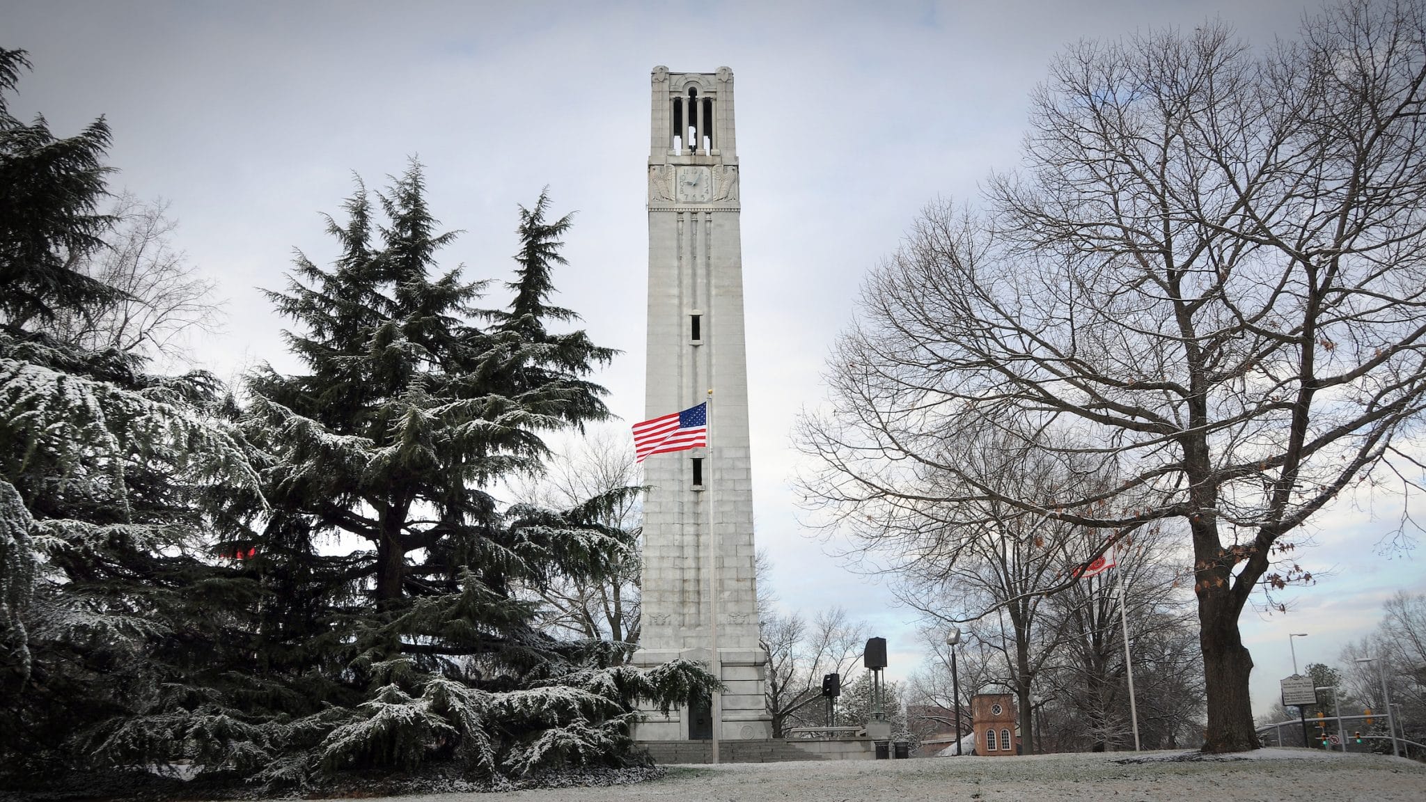 Memorial Belltower on a snowy Feb. day.
