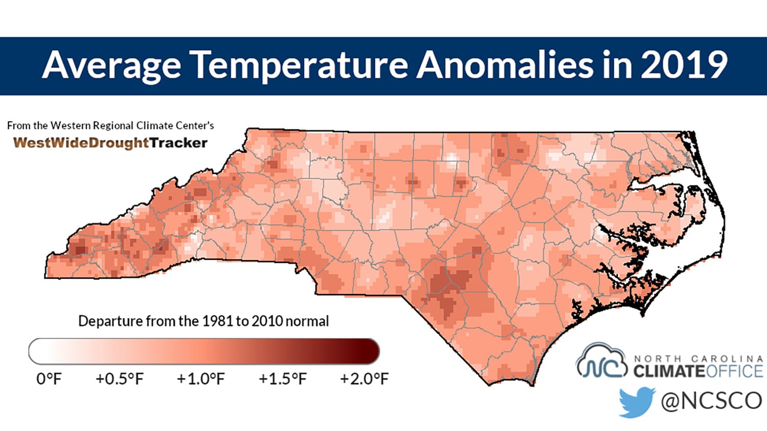 North Carolina map highlighting average temperature anomalies in 2019