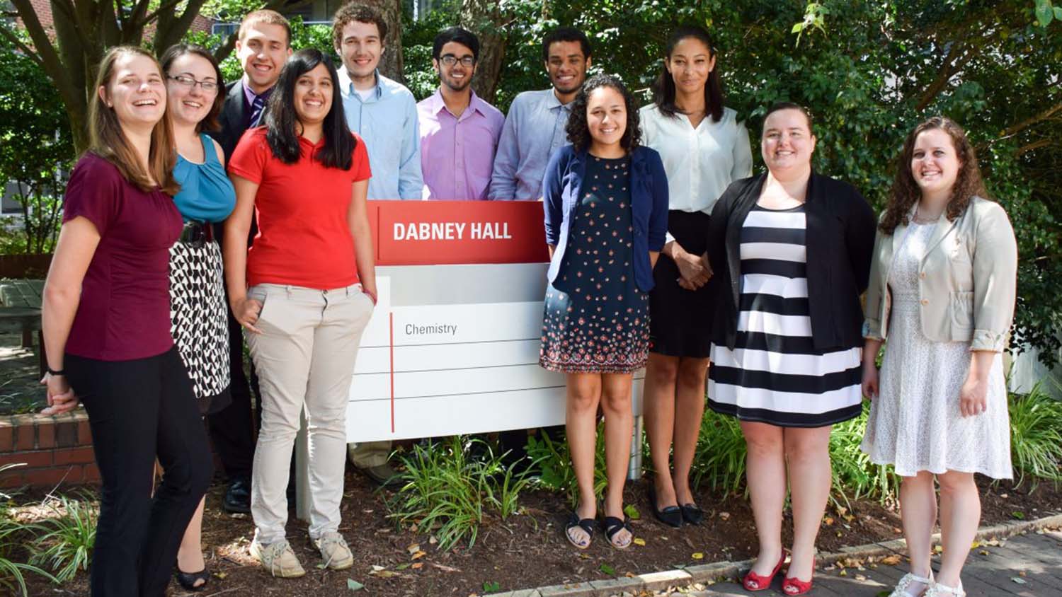 Students pose in front the Dabney Hall sign at NC State.