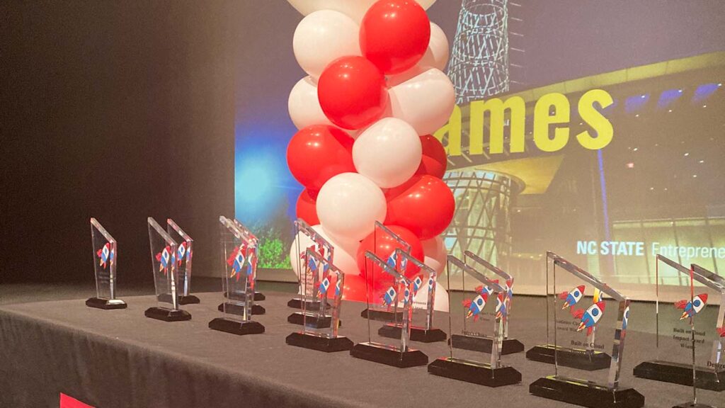The eGames awards laid out on a table before the start of the competition.