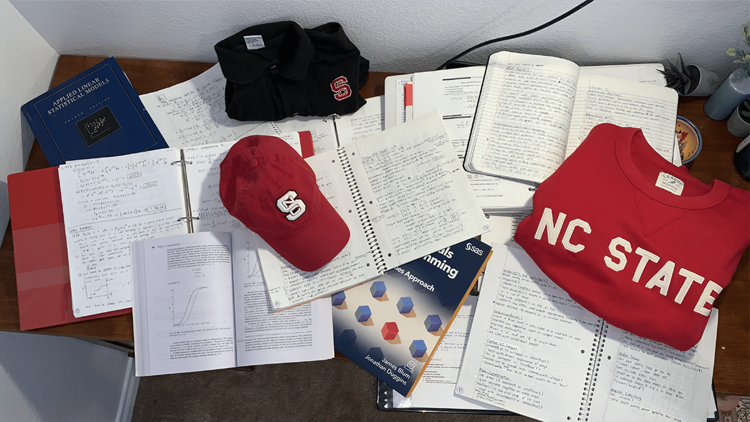 An NC State ballcap and t-shirts lie on top of scattered notebooks.