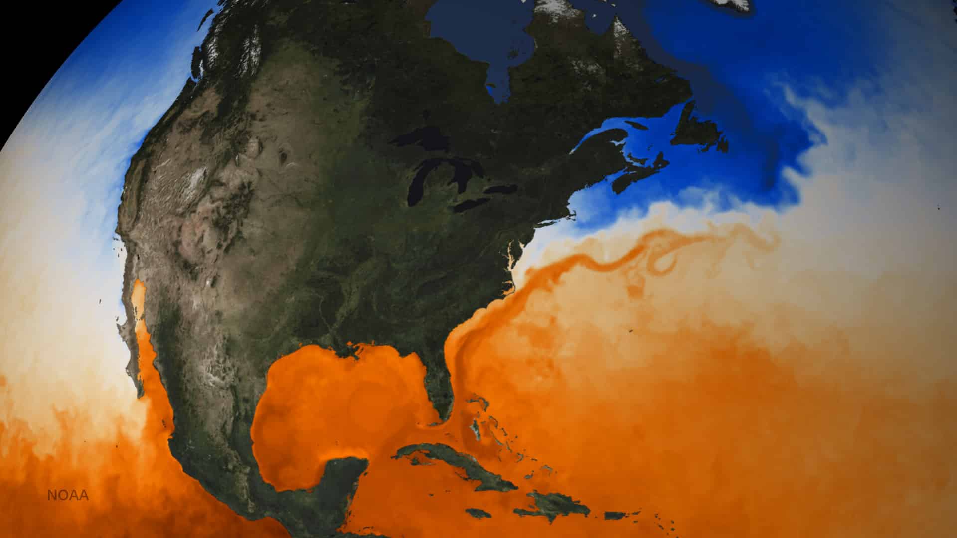 A colorized display of sea surface temperatures shows the warm water of the Gulf Stream extending off the coast of North Carolina.