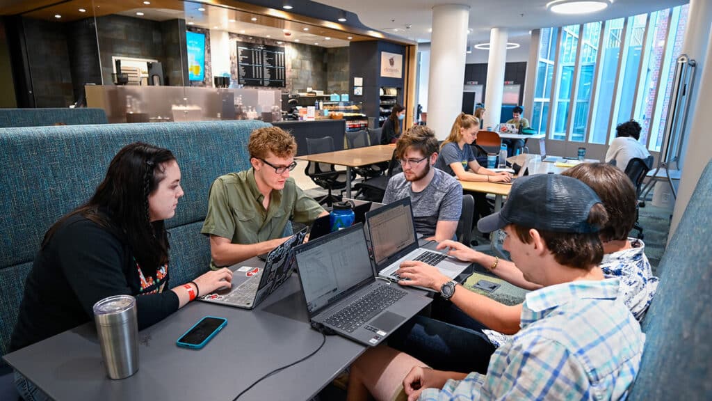 A group of students work together in a study space at the Natural Resources Library