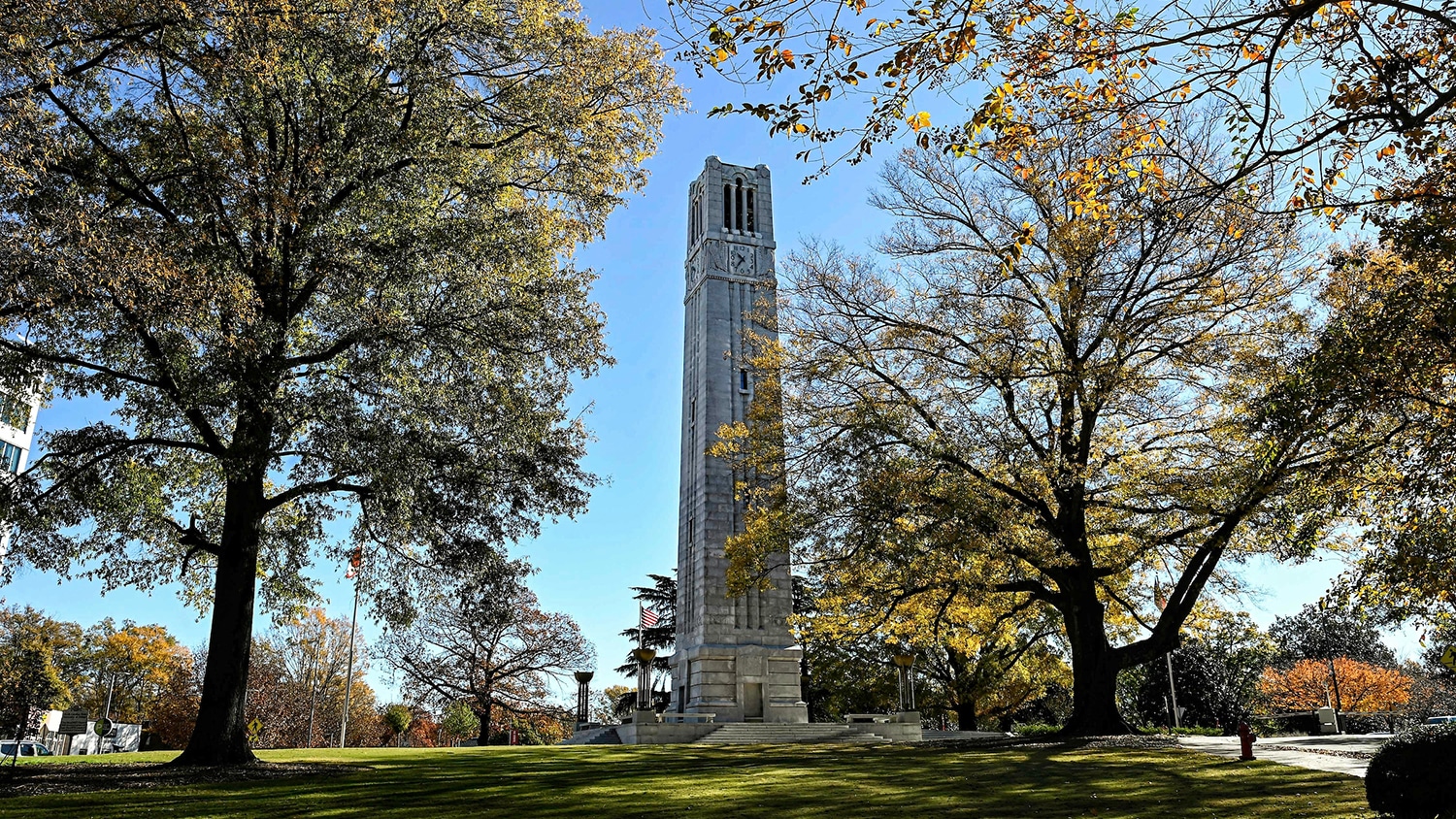 The NC State Belltower on a fall day. Photo by Marc Hall