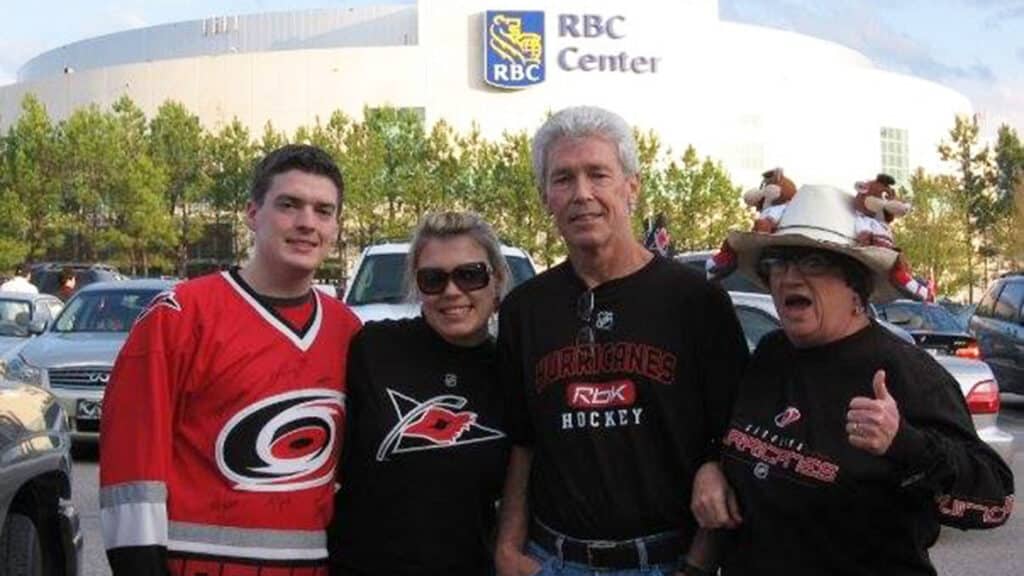 Corey Davis and family in front of the RBC Center (now known as the PNC Arena)
