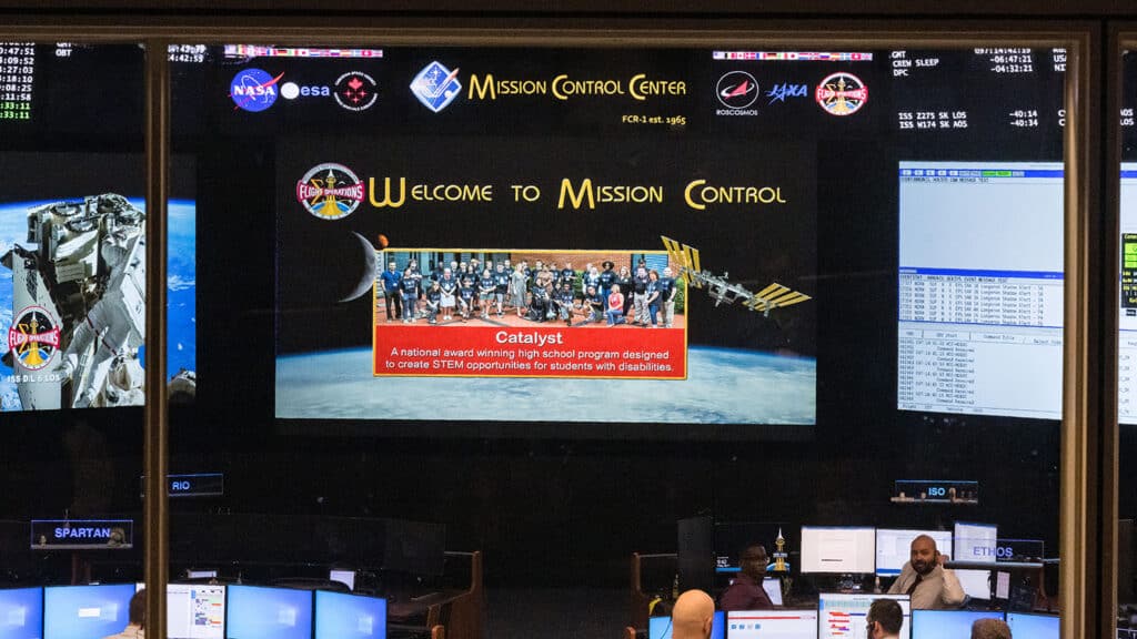 A welcome screen for Catalyst at NASA's Mission Control Center