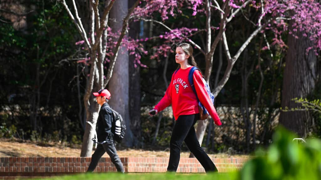A student walks on main campus near Wolf Plaza during the spring.