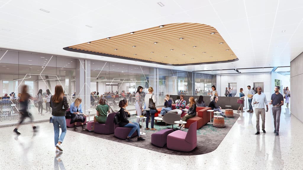A rendering of an interior collaboration level in the Integrative Sciences Building