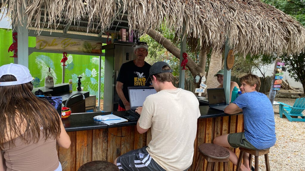 Professor David Eggleston holds class at a tiki bar in Bonaire