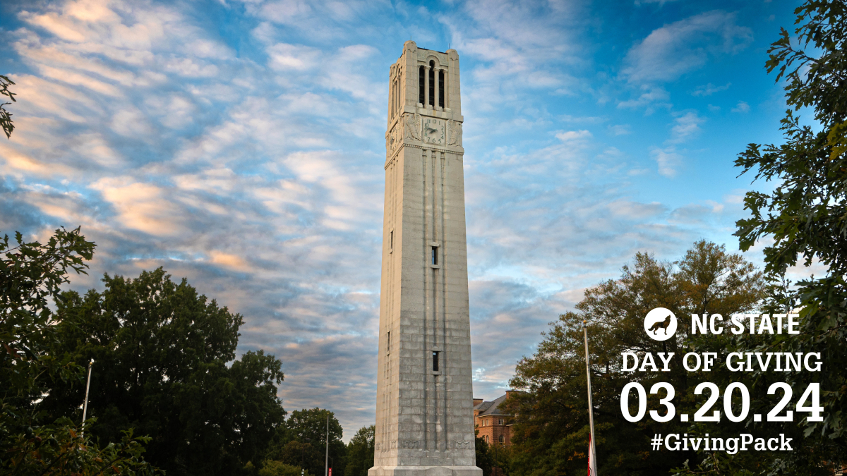 Memorial belltower with text that reads NC State Day of Giving March 20, 2024