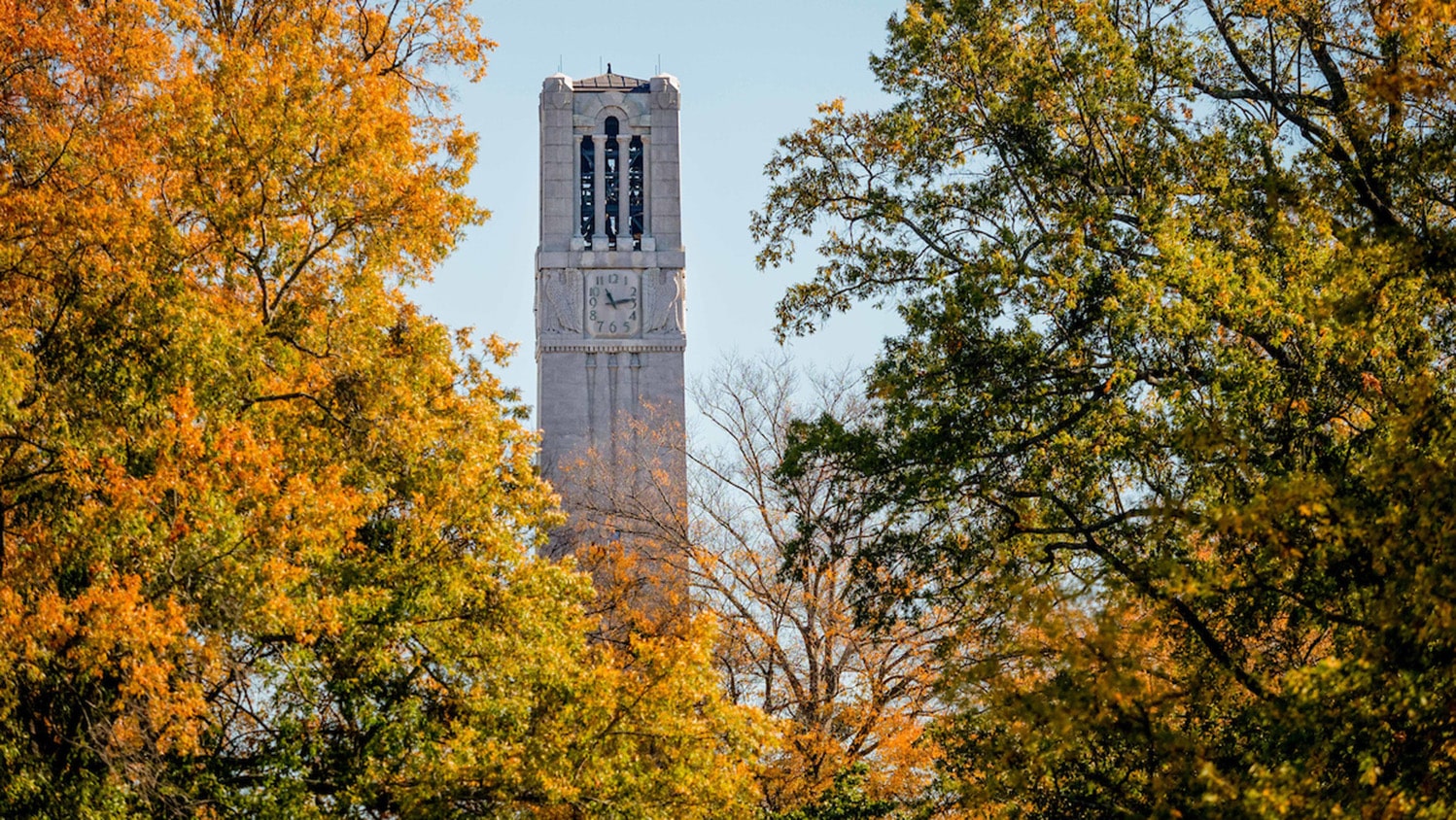 The Memorial Belltower surrounded by fall leaves.