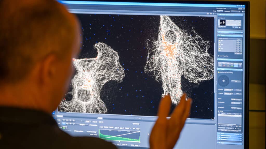 Mariusz Zareba looks at an confocal microscope-produced image on a computer screen