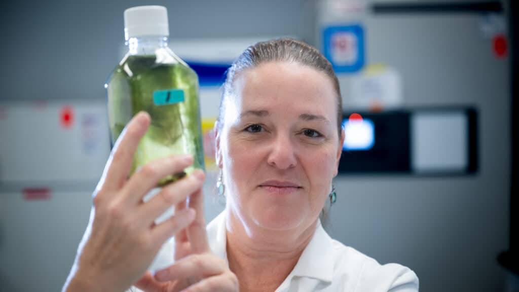 Professor Astrid Schnetzer holding a bottle of green liquid in her lab