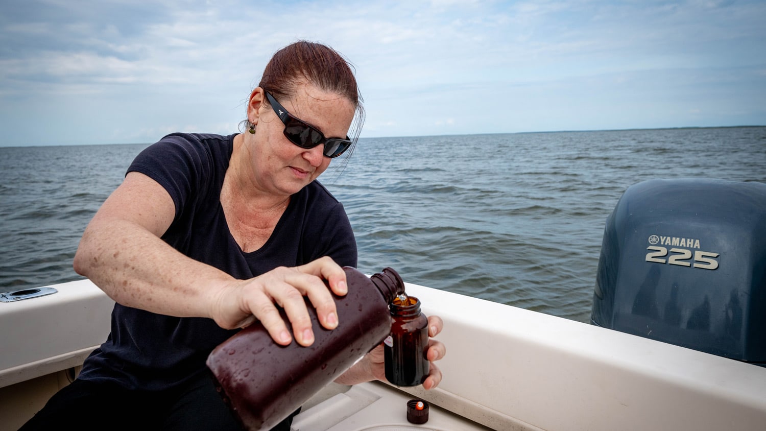 Astrid Schnetzer bottling a water sample from the Pamlico Sound.